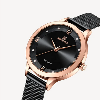 NAVIFORCE NF5023 Black Mesh Stainless Steel Analog Watch For Women - RoseGold & Black